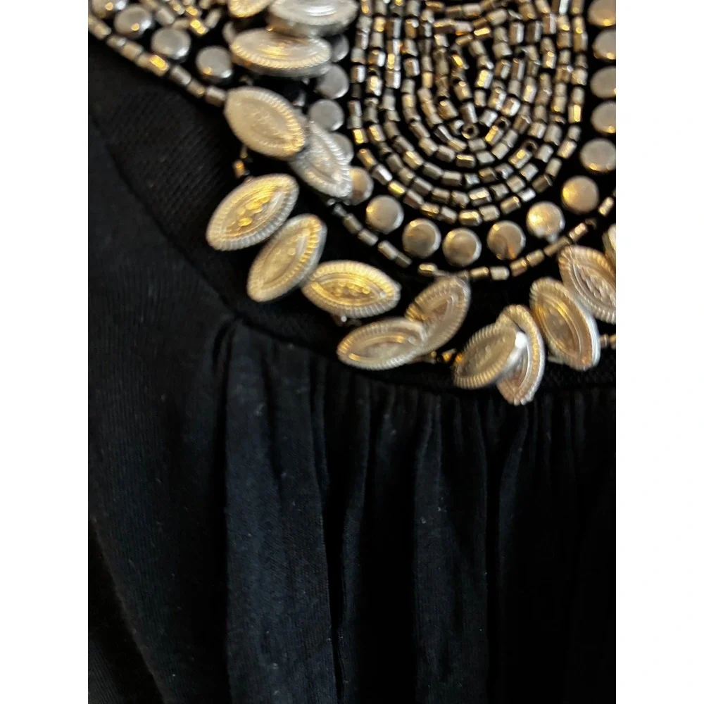 White Mark Tunic Top M Black Beaded Bib Neckline Boho Chic Sharkbite Hem